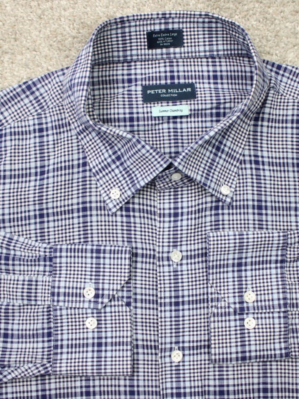 Peter Millar Shirt Mens 2XL XXL Blue Summer Chambray 100% Cotton Long Sleeve